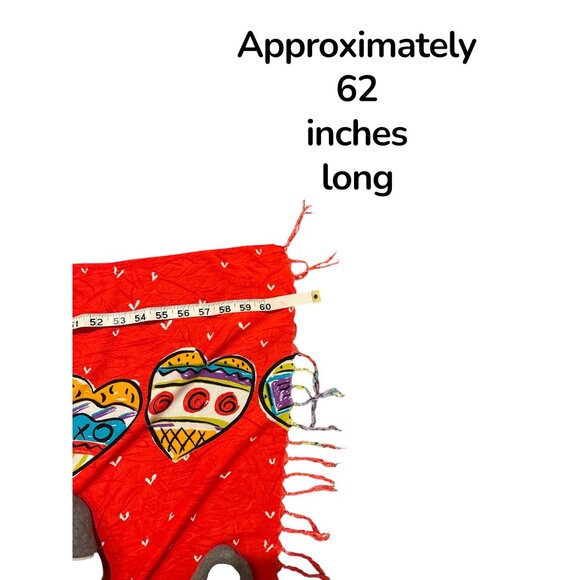 Sally Huss Red Heart Patterned Rayon Shawl Wrap Scarf With Fringe - Picture 10 of 10